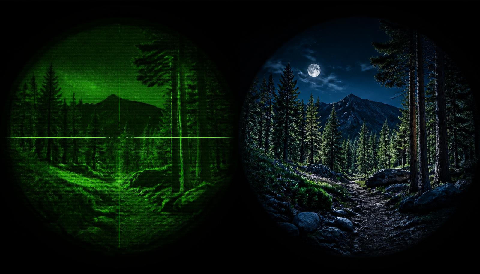 Split view comparing analog green night vision on the left and full-color AI night vision on the right of a moonlit forest scene