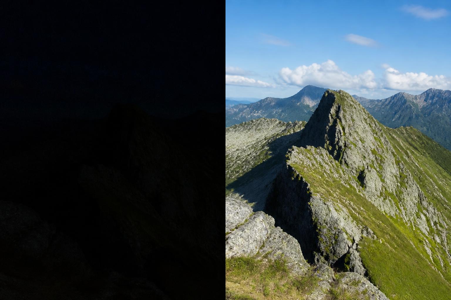 A pitch dark mountain ridge on the left, reconstructed in daylight color on the right